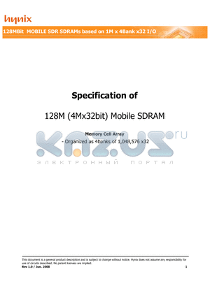 H55S1222EFP-75E datasheet - 128MBit MOBILE SDR SDRAMs based on 1M x 4Bank x32 I/O