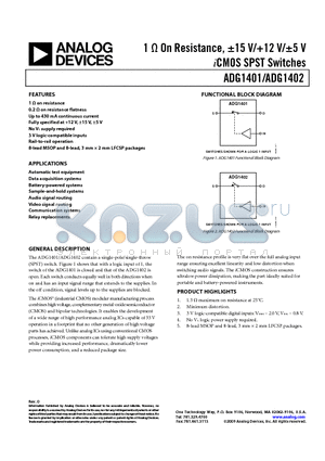 ADG1402BCPZ-REEL7 datasheet - 1 Y On Resistance, a15 V/12 V/a5 V iCMOS SPST Switches