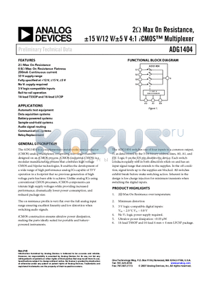 ADG1404YRUZ datasheet - 2 Max On Resistance, a15 V/12 V/a5 V 4:1 iCMOS Multiplexer