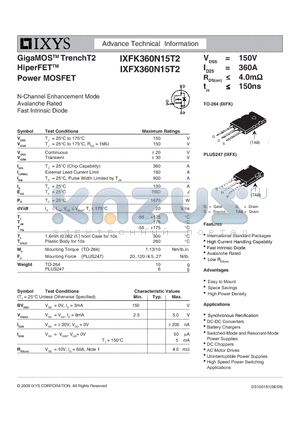 IXFK360N15T2 datasheet - GigaMOS TrenchT2 HiperFET Power MOSFET