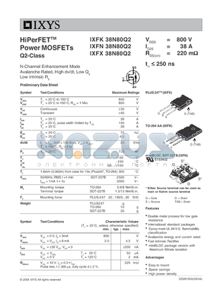 IXFK38N80Q2 datasheet - N-Channel Enhancement Mode Avalanche Rated, High dv/dt, Low Q Low intrinsic R