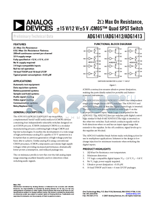 ADG1413YCPZ-REEL7 datasheet - 2 Max On Resistance, a15 V/12 V/a5 V iCMOS Quad SPST Switch