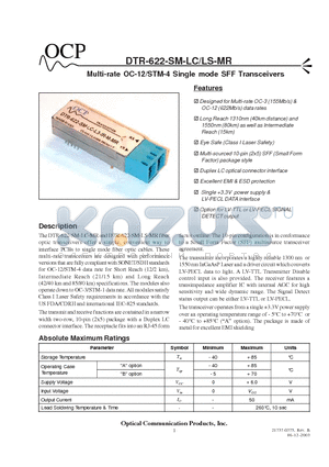 DTR-622-SM-LS-A-L3-ST datasheet - Multi-rate OC-12/STM-4 Single mode SFF Transceivers