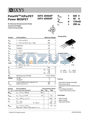 IXFK48N60P datasheet - PolarHVTM HiPerFET Power MOSFET N-Channel Enhancement Mode Avalanche Rated Fast Intrinsic Diode