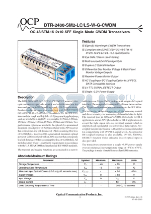 DTR2488SM2LSHPIR2 datasheet - OC-48/STM-16 2x10 SFF Single Mode CWDM Transceivers