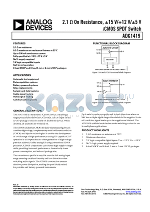 ADG1419BRMZ-REEL7 datasheet - 2.1 Y On Resistance, a15 V/12 V/a5 V iCMOS SPDT Switch
