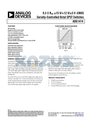 ADG1414BRUZ datasheet - 9.5 Y RON a15 V/12 V/a5 V iCMOS Serially-Controlled Octal SPST Switches
