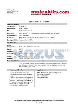 64001-0100 datasheet - .250 Tab Size PVC Insulated Quick Dissconnect Solderless Terminals