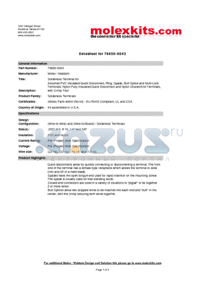 64001-0100 datasheet - Assorted PVC Insulated Quick Disconnect, Ring, Spade, Butt Splice and Multi-Lock Terminals.