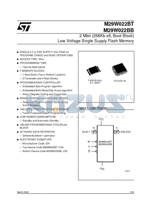 M29W022BB55NZ1T datasheet - 2 Mbit 256Kb x8, Boot Block Low Voltage Single Supply Flash Memory