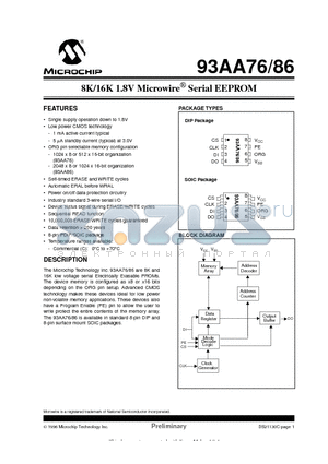 93AA86-SN datasheet - 8K/16K 1.8V Microwire  Serial EEPROM