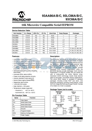 93AA86A datasheet - 16K Microwire Compatible Serial EEPROM