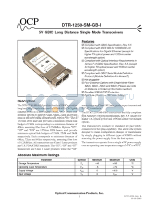 DTR-1250-SM-GB-H3-I datasheet - 5V GBIC Long Distance Single Mode Transceivers