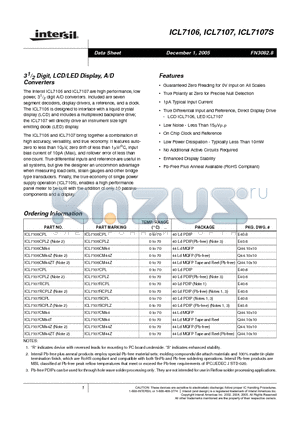 ICL7107RCPLZ datasheet - 3m Digit, LCD/LED Display, A/D Converters