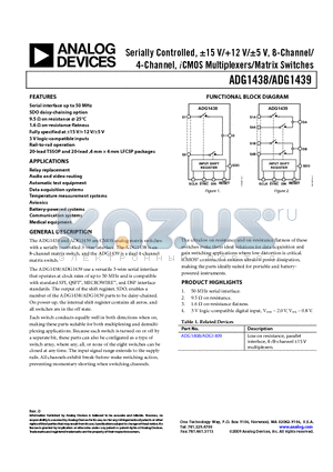 ADG1439BCPZ-REEL7 datasheet - Serially Controlled, a15 V/12 V/a5 V, 8-Channel/4-Channel, iCMOS Multiplexers/Matrix Switches