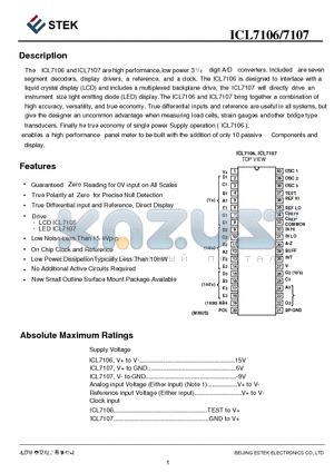 ICL7106 datasheet - True Differential input and Reference, Direct Display