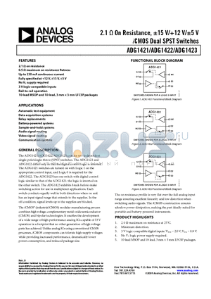 ADG1423BRMZ datasheet - 2.1 Y On Resistance, a15 V/12 V/a5 V iCMOS Dual SPST Switches