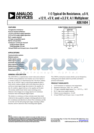 ADG1604BCPZ-REEL datasheet - 1 Y Typical On Resistance, a5 V, 12 V, 5 V, and 3.3 V, 4:1 Multiplexer