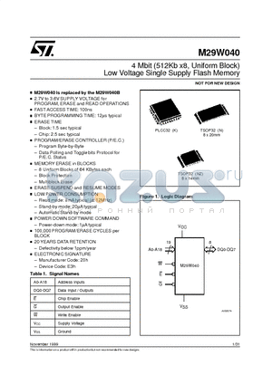 M29W040-100NZ1TR datasheet - 4 Mbit 512Kb x8, Uniform Block Low Voltage Single Supply Flash Memory