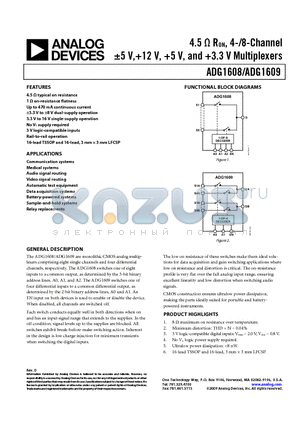 ADG1608BRUZ-REEL7 datasheet - 4.5 Y RON, 4-/8-Channel a5 V,12 V, 5 V, and 3.3 V Multiplexers