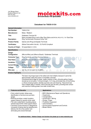 64001-1500 datasheet - Nylon Insulated Ring 3 and 4 Way Ring Splice and # 5-6, # 8, # 10, 1/4 Stud Size Ring Terminal with Universal Crimp Tool