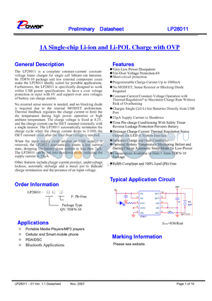LP28011 datasheet - 1A Single-chip Li-ion and Li-POL Charge with OVP