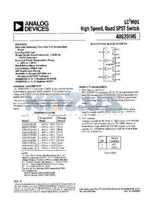 ADG201HSKN datasheet - LC2MOS HIGH SPEED, QUAD SPST SWITCH