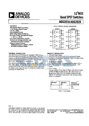 ADG201ABQ datasheet - LC2MOS QUAD SPST SWITCHES