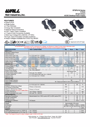 DTSPU16A-101 datasheet - 15 Watt Single Output AC/DC Desktop Power Supply