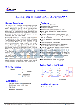 LP28292 datasheet - 1.5A Single-chip Li-ion and Li-POL Charge with OVP