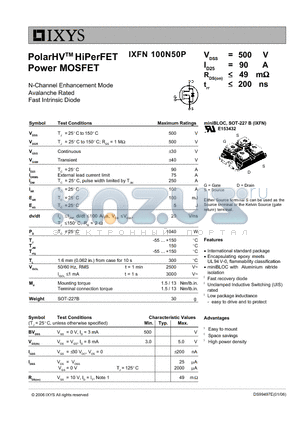 IXFN100N50P datasheet - PolarHV HiPerFET Power MOSFET