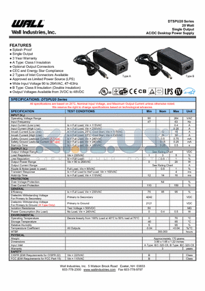 DTSPU20A-108 datasheet - 20 Watt Single Output AC/DC Desktop Power Supply