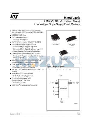M29W040B120N1 datasheet - 4 Mbit 512Kb x8, Uniform Block Low Voltage Single Supply Flash Memory