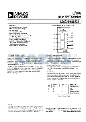 ADG222 datasheet - LC2MOS QUAD SPST SWITCHES