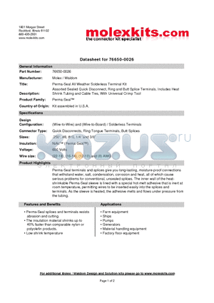 64005-7400 datasheet - Assorted Sealed Quick Disconnect, Ring and Butt Splice Terminals. Includes Heat Shrink Tubing and Cable Ties, With Universal Crimp Tool