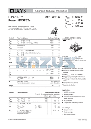 IXFN20N120 datasheet - HiPerFET Power MOSFETs