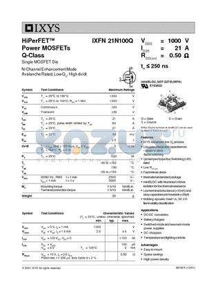 IXFN21N100Q datasheet - HiPerFET TM Power MOSFETs Q-Class
