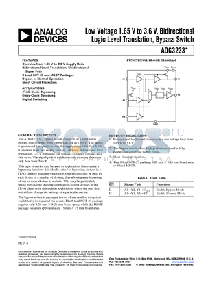 ADG3233BRM-REEL datasheet - Low Voltage 1.65 V to 3.6 V, Bidirectional Logic Level Translation, Bypass Switch