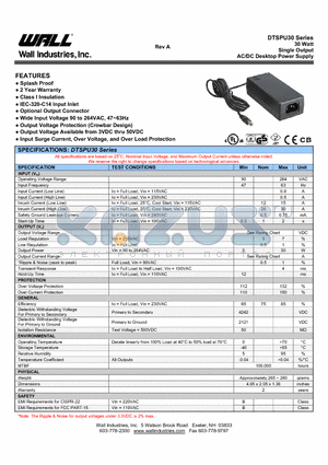 DTSPU30 datasheet - 30 Watt Single Output AC/DC Desktop Power Supply