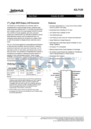 ICL7135CPIZ datasheet - 4 1/2 Digit, BCD Output, A/D Converter