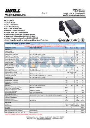 DTSPU45-201 datasheet - Up to 50 Watts Single, Dual, & Triple Outputs AC/DC Desktop Power Supply