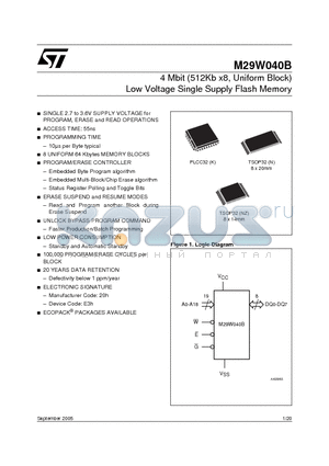 M29W040B70N6T datasheet - 4 Mbit 512Kb x8, Uniform Block Low Voltage Single Supply Flash Memory