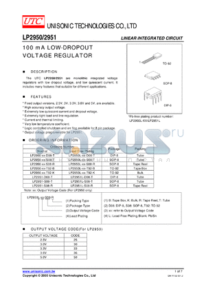 LP2950-25-T92-T datasheet - 100 mA LOW-DROPOUT VOLTAGE REGULATOR