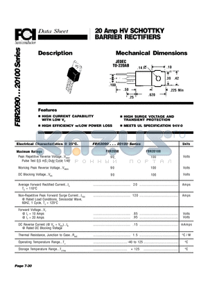 FBR20100 datasheet - 20 Amp HV SCHOTTKY BARRIER RECTIFIERS