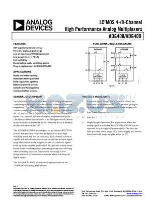 ADG409BR datasheet - LC2MOS 4-/8-Channel High Performance Analog Multiplexers