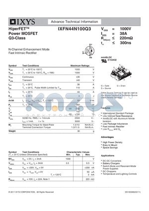 IXFN44N100Q3 datasheet - HiperFET Power MOSFET Q3-Class