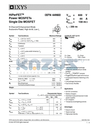 IXFN44N60 datasheet - HiPerFET Power MOSFETs Single Die MOSFET