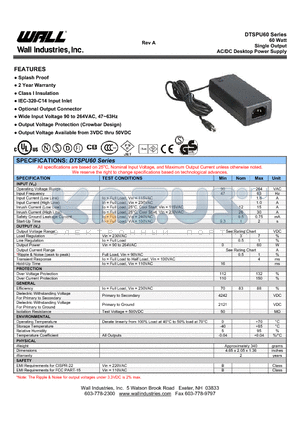 DTSPU60-102 datasheet - 60 Watt Single Output AC/DC Desktop Power Supply