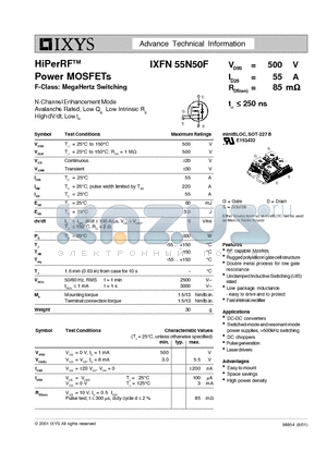 IXFN55N50F datasheet - HiPerRF Power MOSFETs