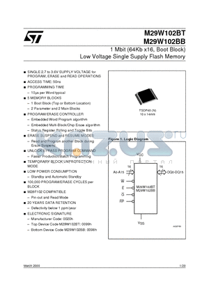 M29W102BT90N1T datasheet - 1 Mbit 64Kb x16, Boot Block Low Voltage Single Supply Flash Memory